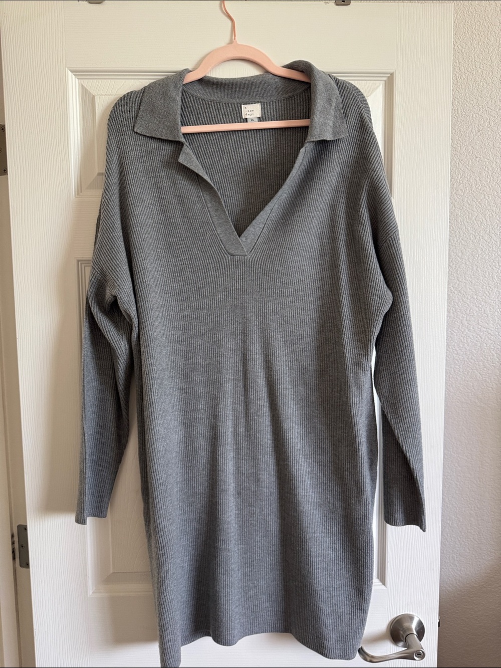 A New Day Long Sleeve Ribbed Knit Polo Sweater Dress in Gray